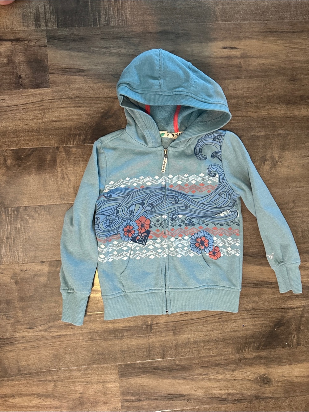 Roxy Light Blue Zip Hoodie with Wave and Floral Print